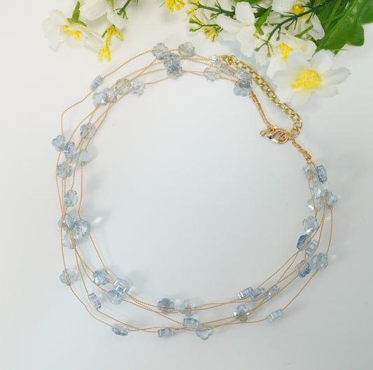 Transparent Blue Floral Crystal Beaded Multilayer Choker Necklace