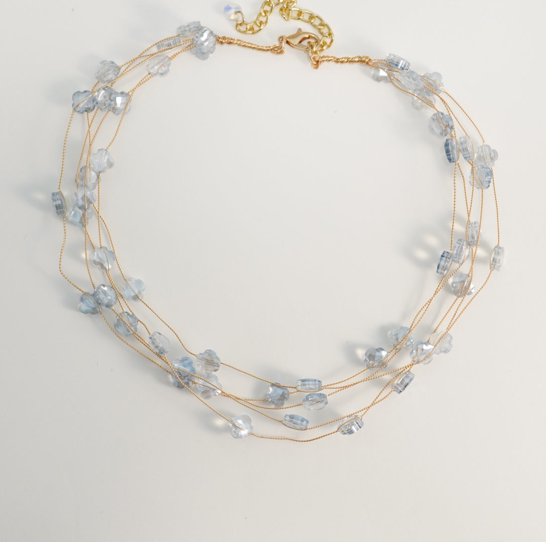 Transparent Blue Floral Crystal Beaded Multilayer Choker Necklace