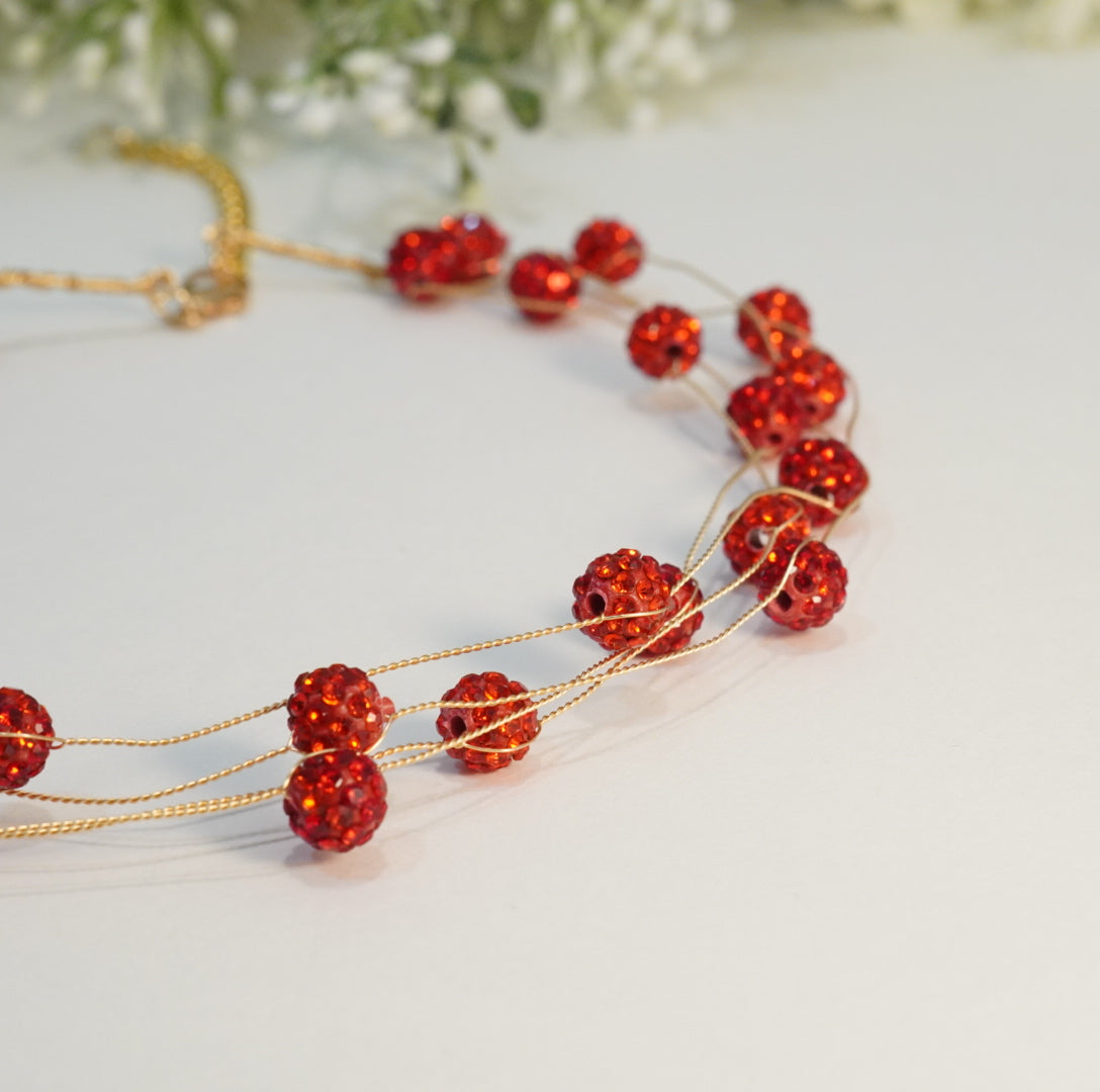 Bright Red Crystal Beaded 4 Multilayer Choker Necklace