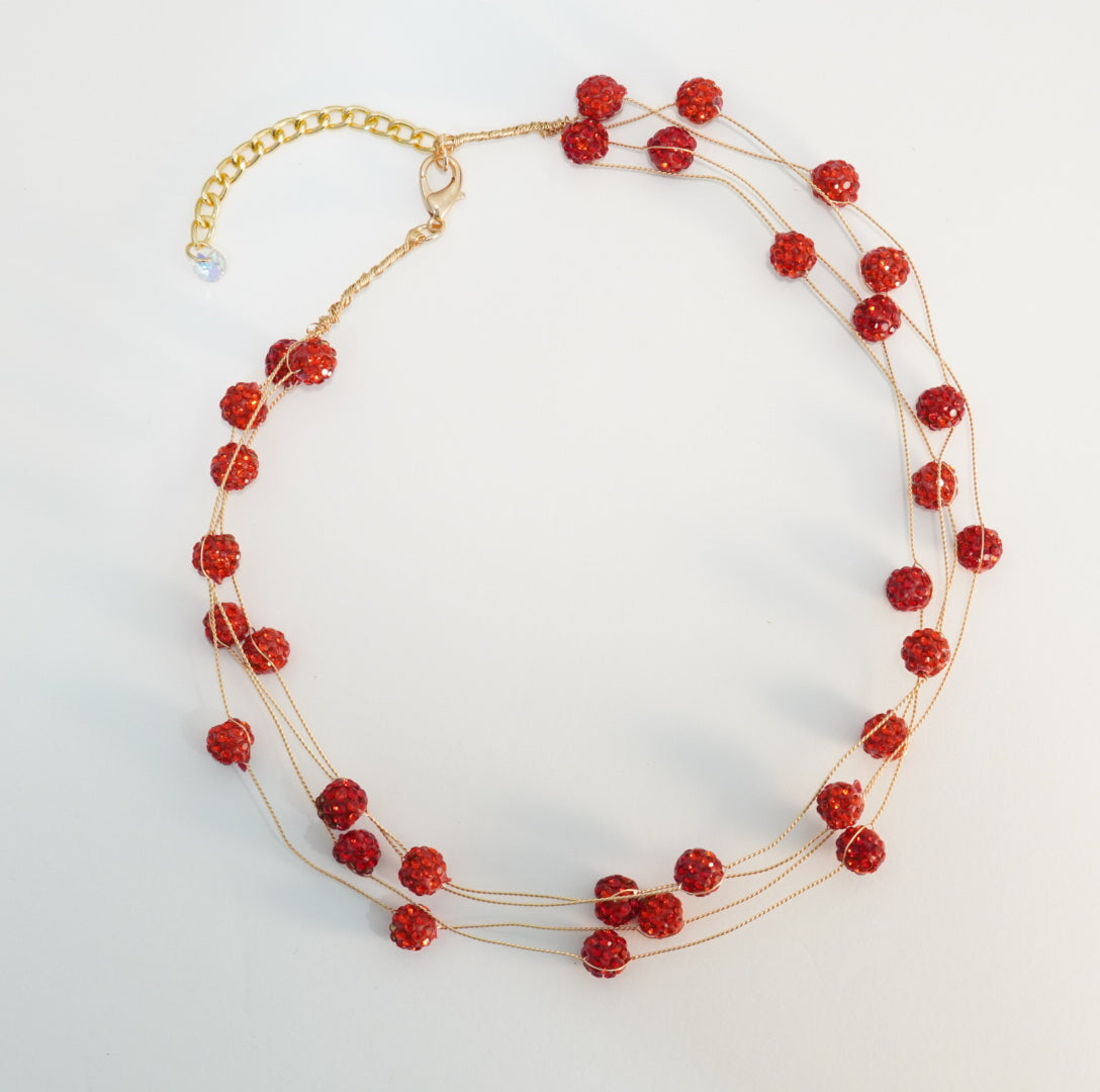 Bright Red Crystal Beaded 4 Multilayer Choker Necklace