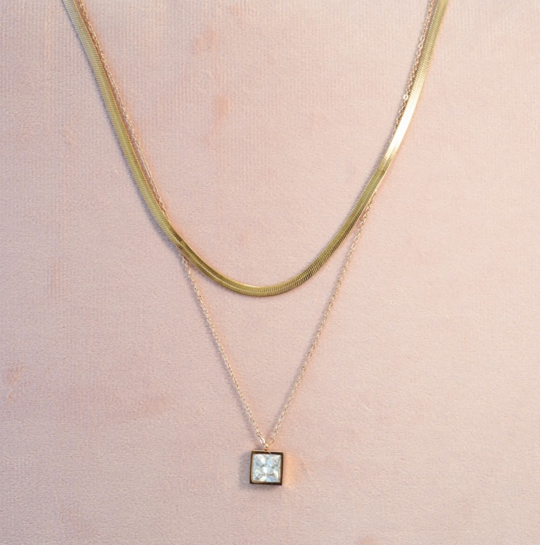 Zirconia Solitaire Rose Gold Plated Multilayer Necklace