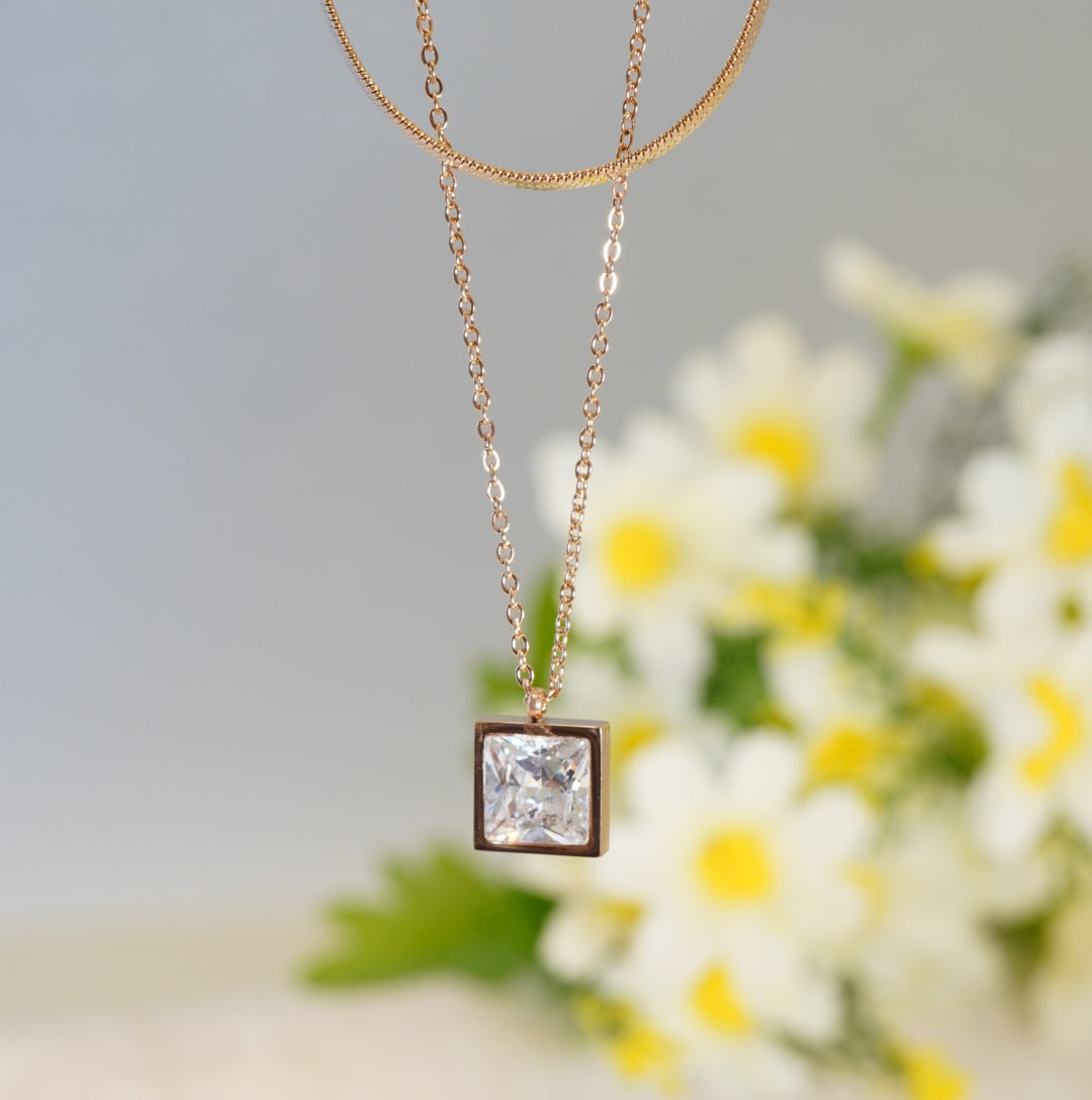 Zirconia Solitaire Rose Gold Plated Multilayer Necklace