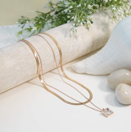 Zirconia Solitaire Rose Gold Plated Multilayer Necklace