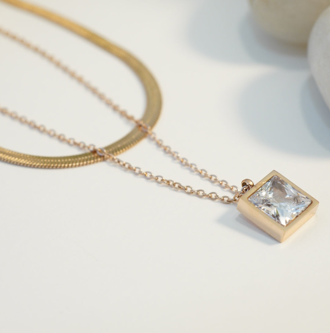 Zirconia Solitaire Rose Gold Plated Multilayer Necklace