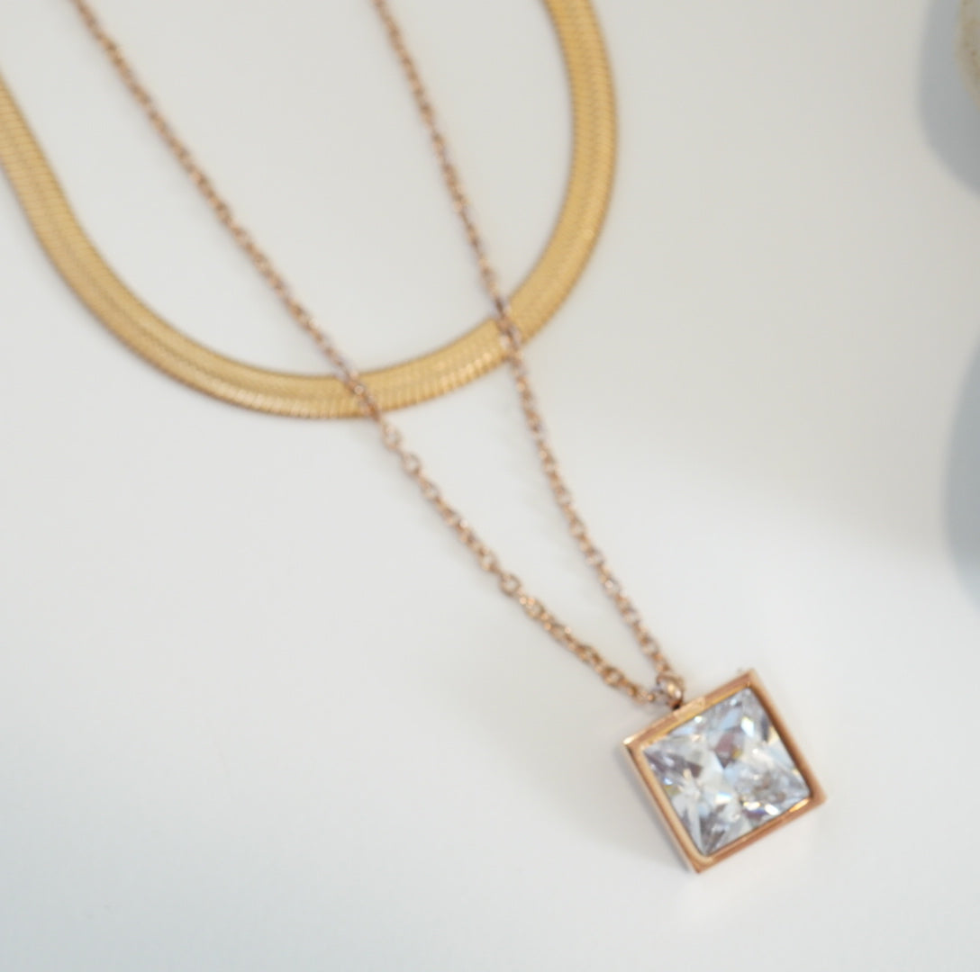 Zirconia Solitaire Rose Gold Plated Multilayer Necklace