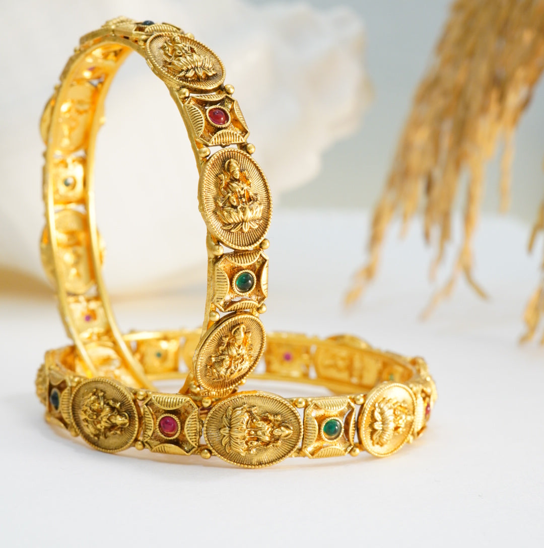 Laxmi Coin Shaped Brass Temple Kada in 22KT Golden Plated Matte Finish