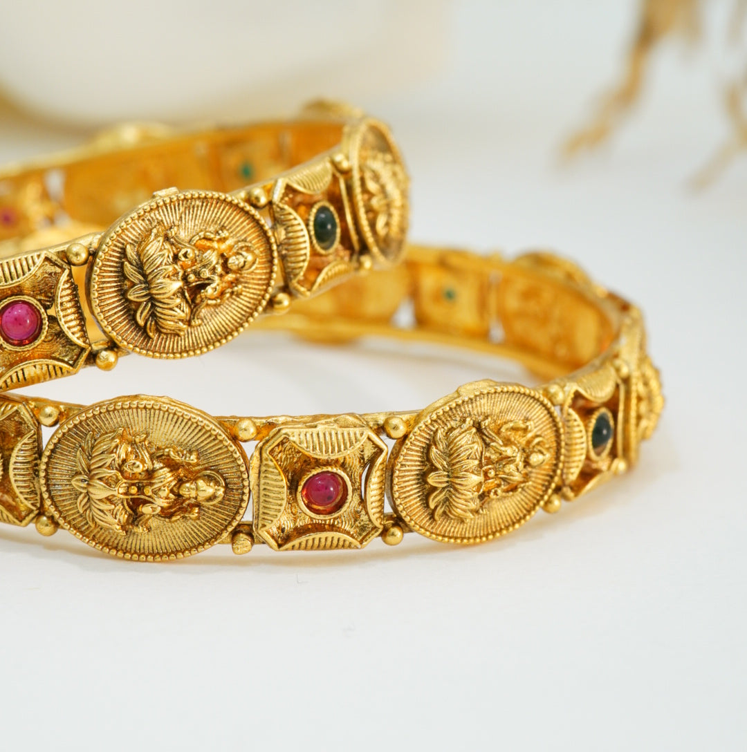 Laxmi Coin Shaped Brass Temple Kada in 22KT Golden Plated Matte Finish