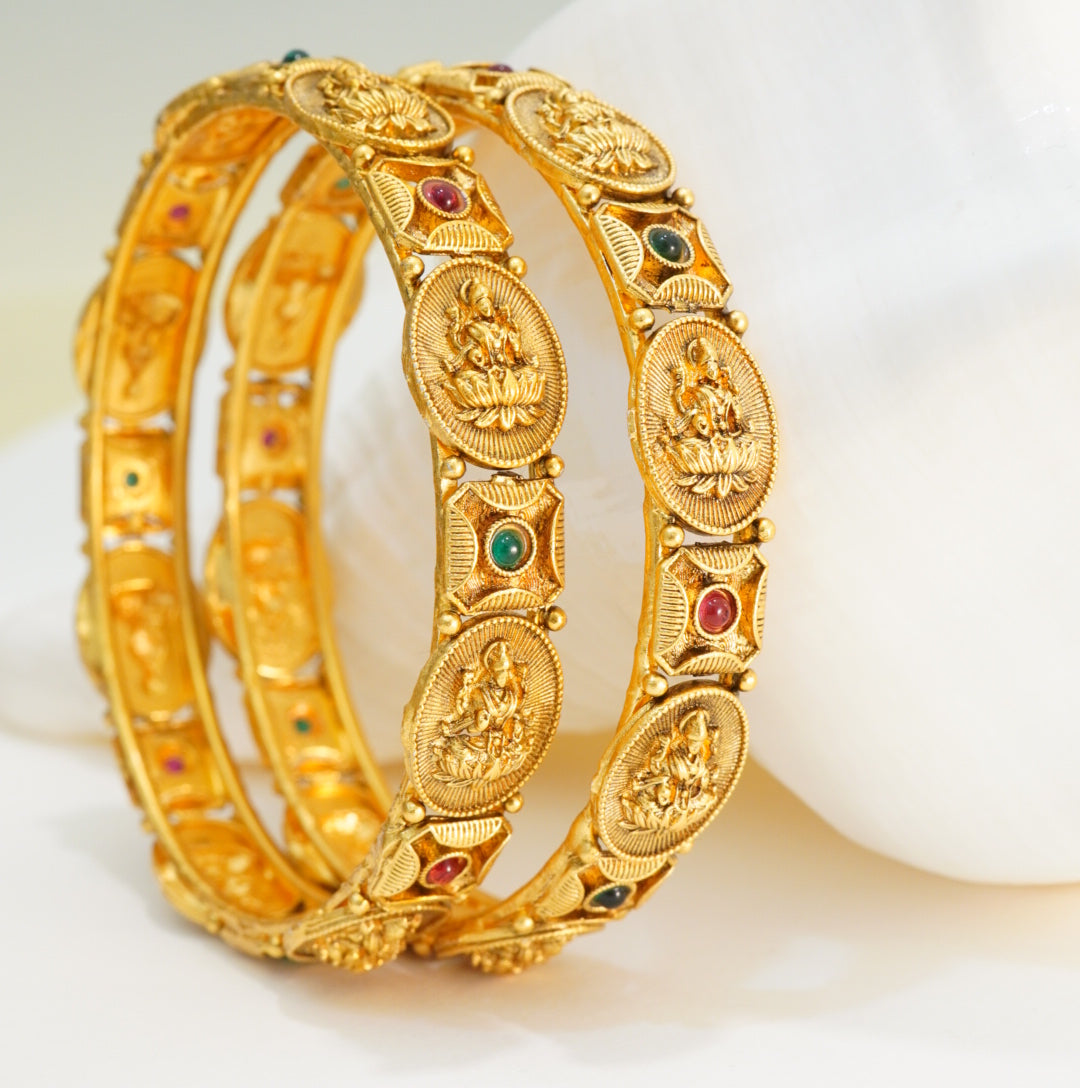Laxmi Coin Shaped Brass Temple Kada in 22KT Golden Plated Matte Finish
