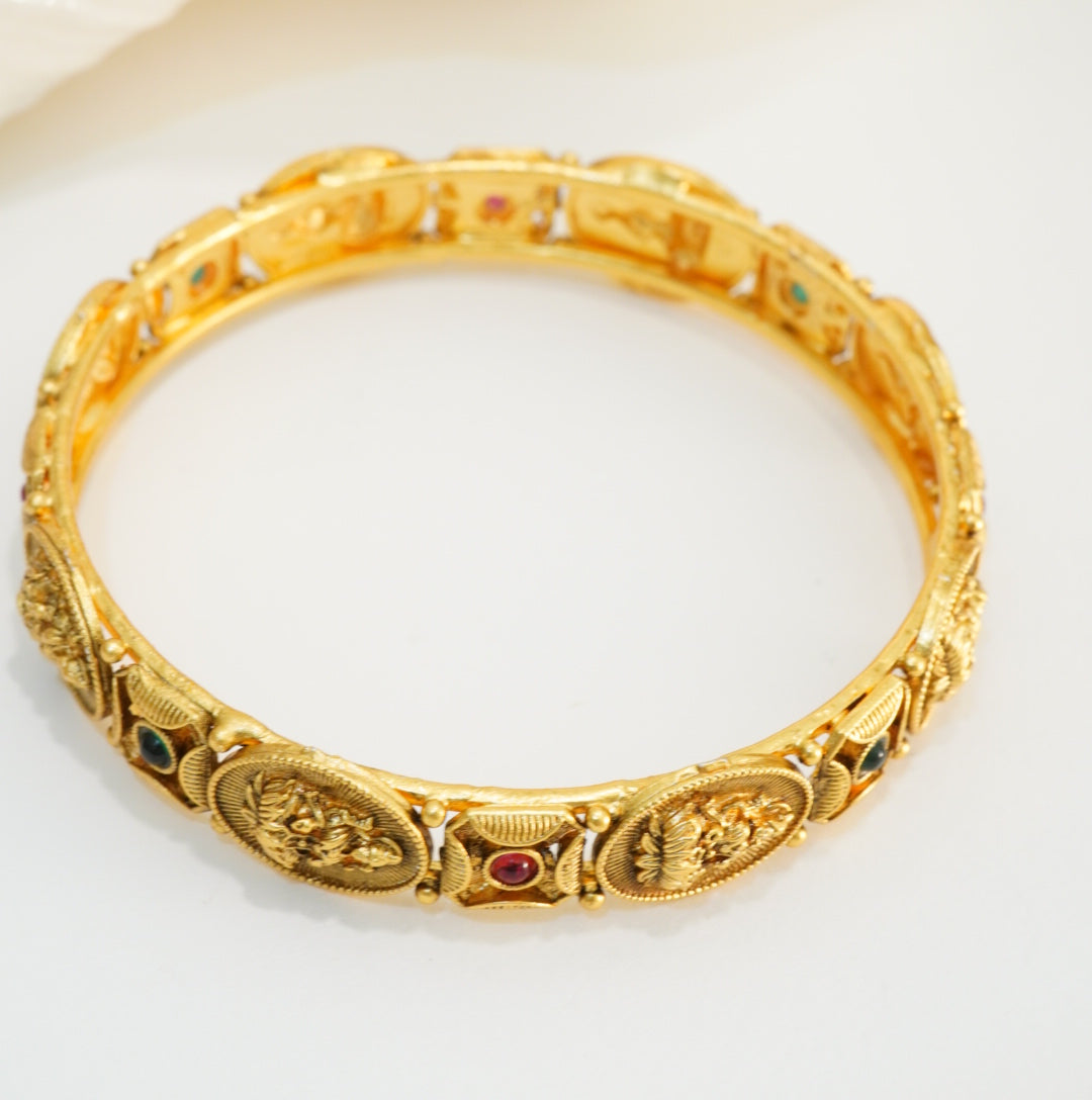 Laxmi Coin Shaped Brass Temple Kada in 22KT Golden Plated Matte Finish