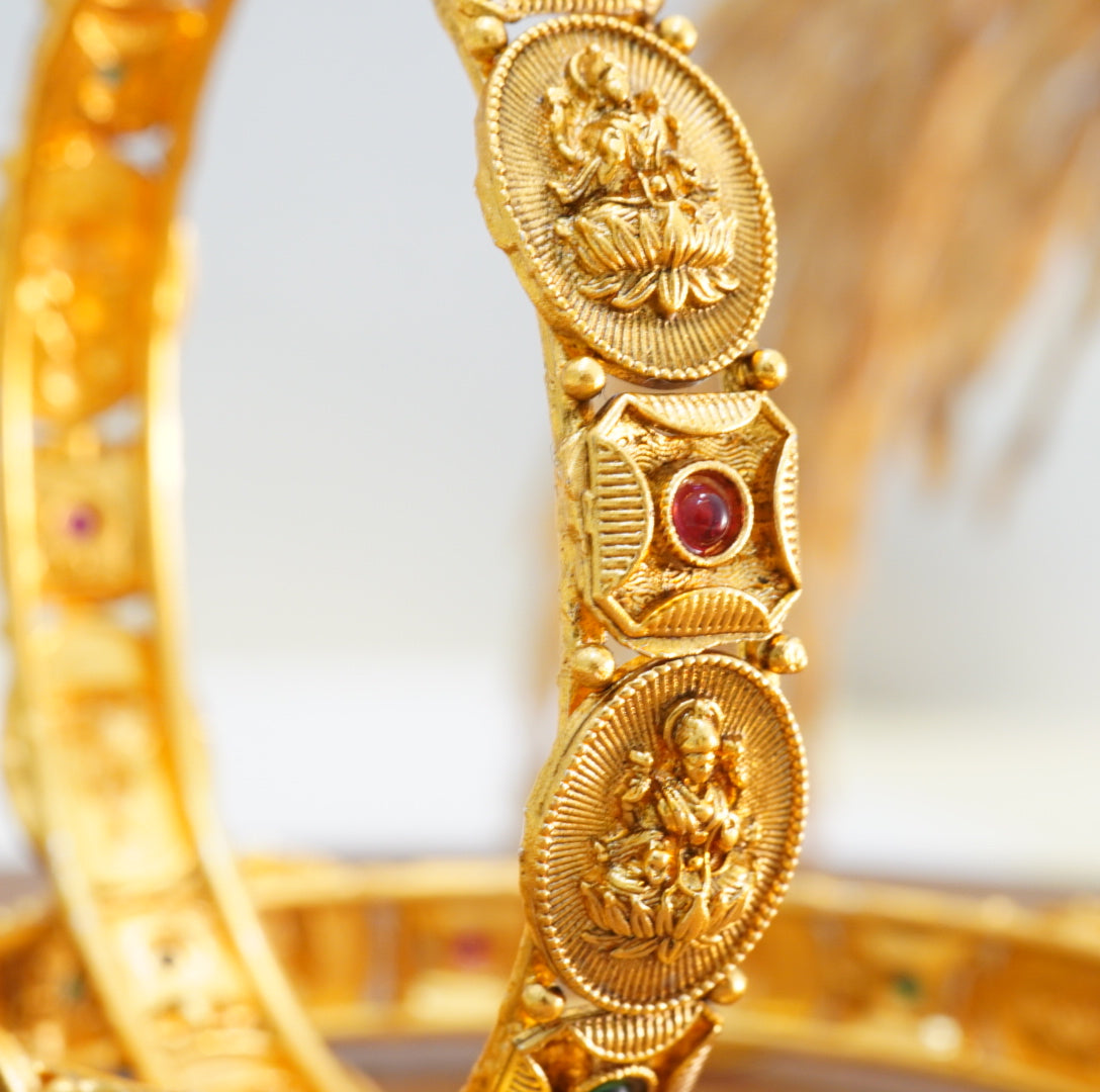 Laxmi Coin Shaped Brass Temple Kada in 22KT Golden Plated Matte Finish