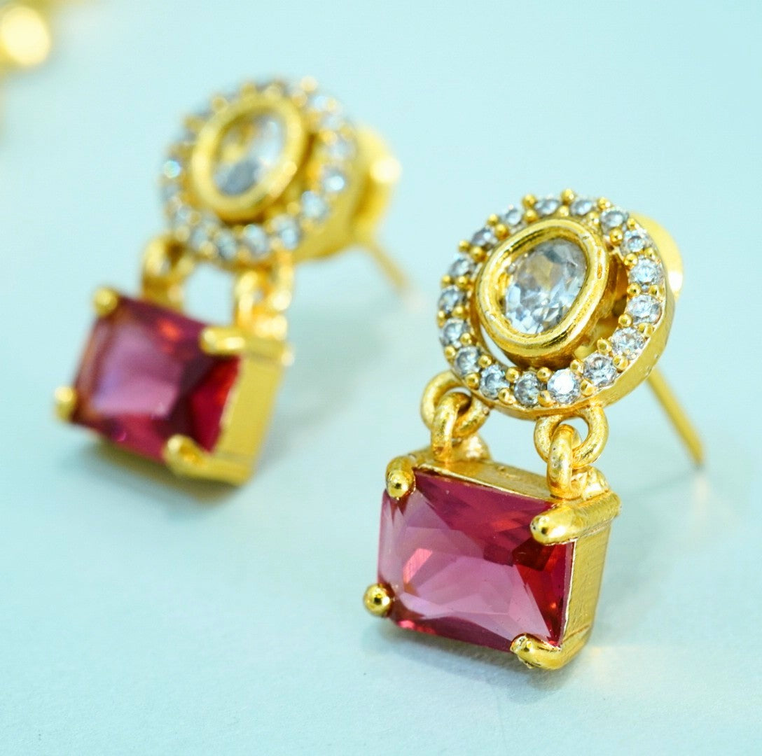 Indo-Western Brass Necklace Set with Bold Red Crystals n Zirconia
