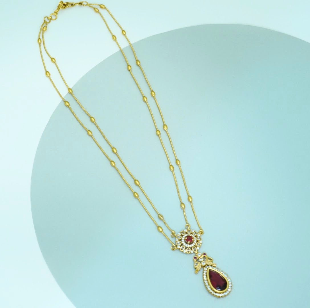 Zirconia Studded Red Crystal Double Chain Necklace Set