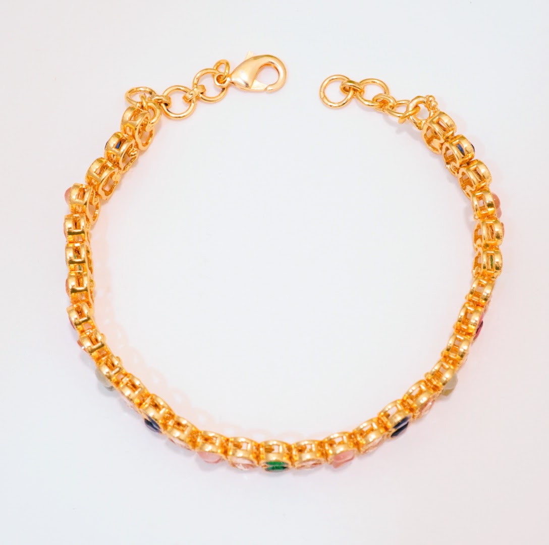 Bunny Multicoloured Crystal Linear Chain Brass Gold Plated Traditional Bracelet