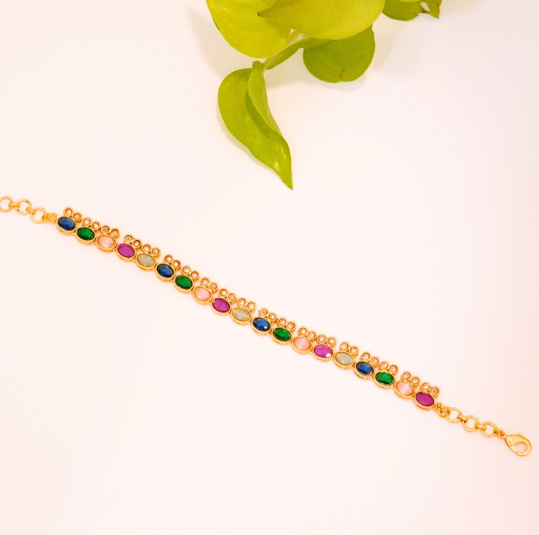 Bunny Multicoloured Crystal Linear Chain Brass Gold Plated Traditional Bracelet