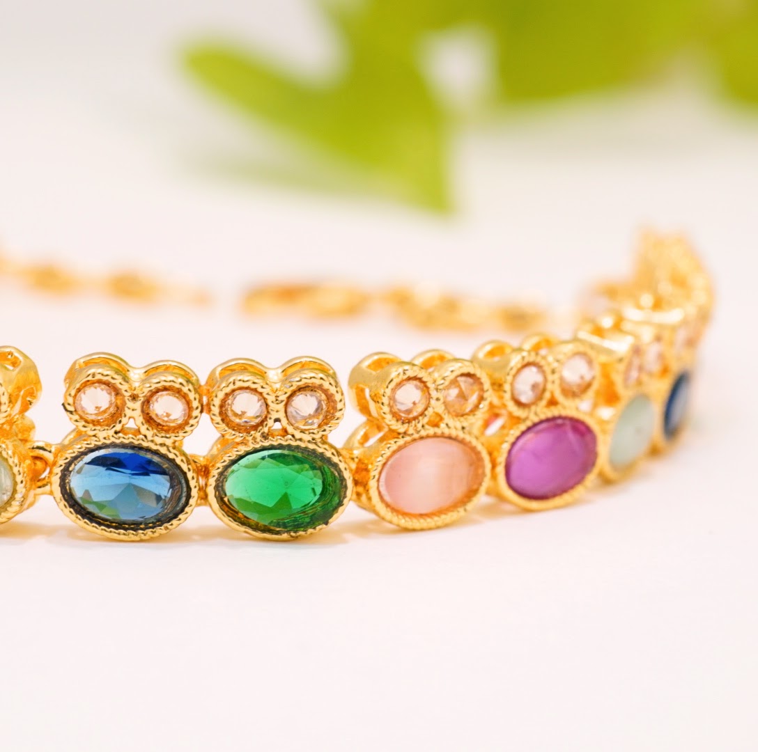 Bunny Multicoloured Crystal Linear Chain Brass Gold Plated Traditional Bracelet