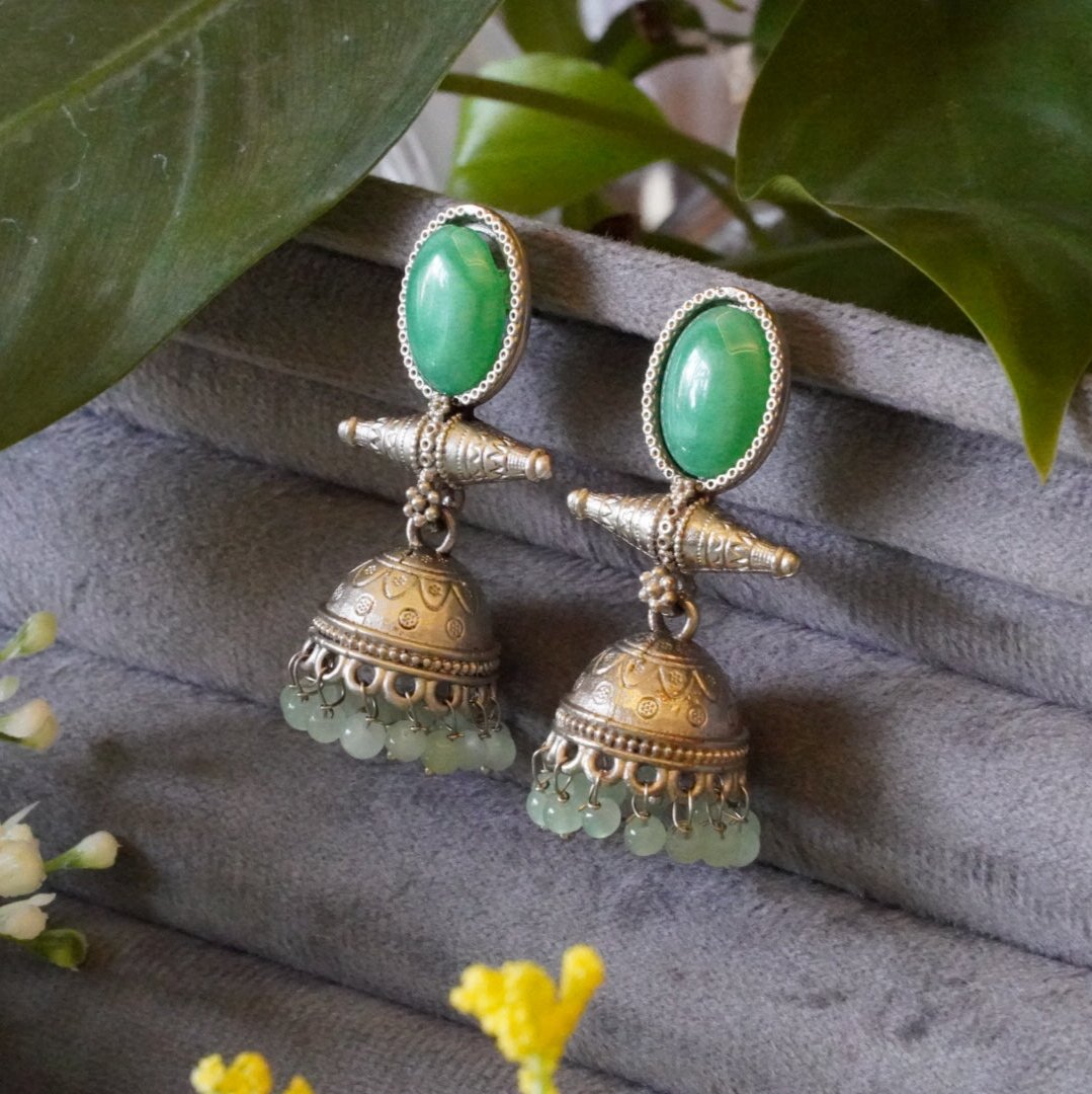 Mint Green Antique Oxidized Jhumka Earrings
