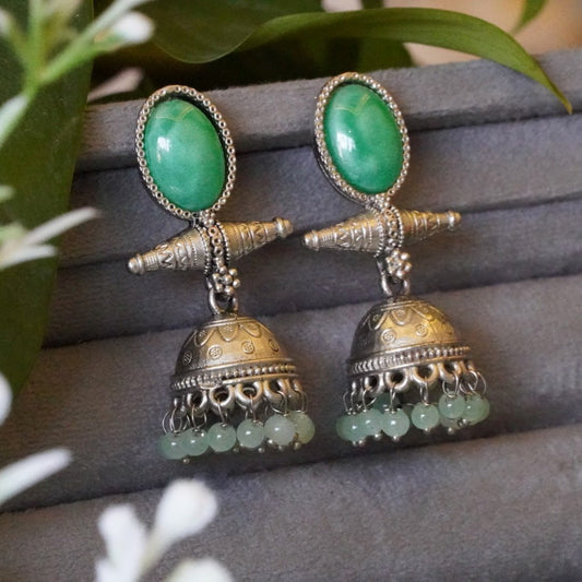 Mint Green Antique Oxidized Jhumka Earrings