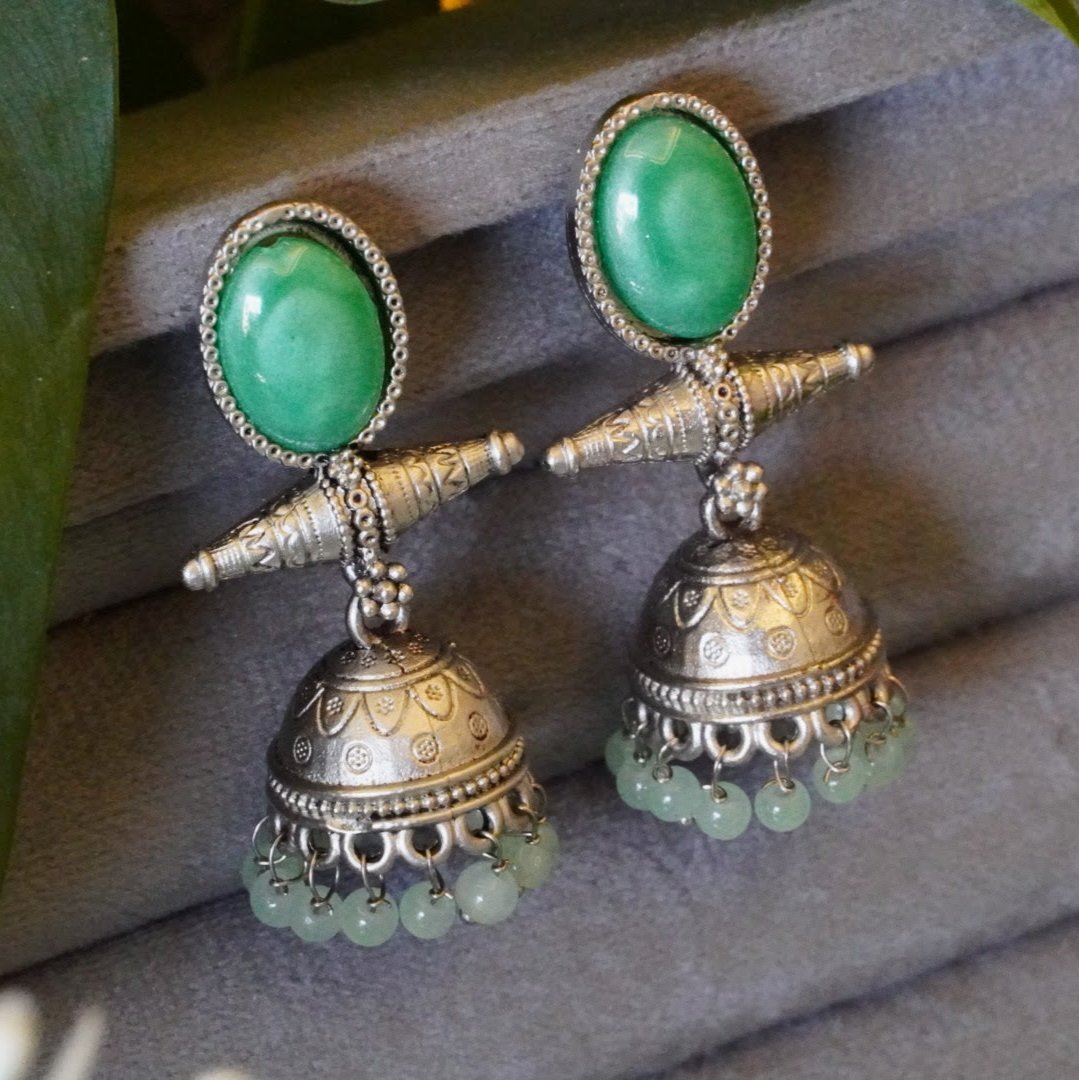 Mint Green Antique Oxidized Jhumka Earrings