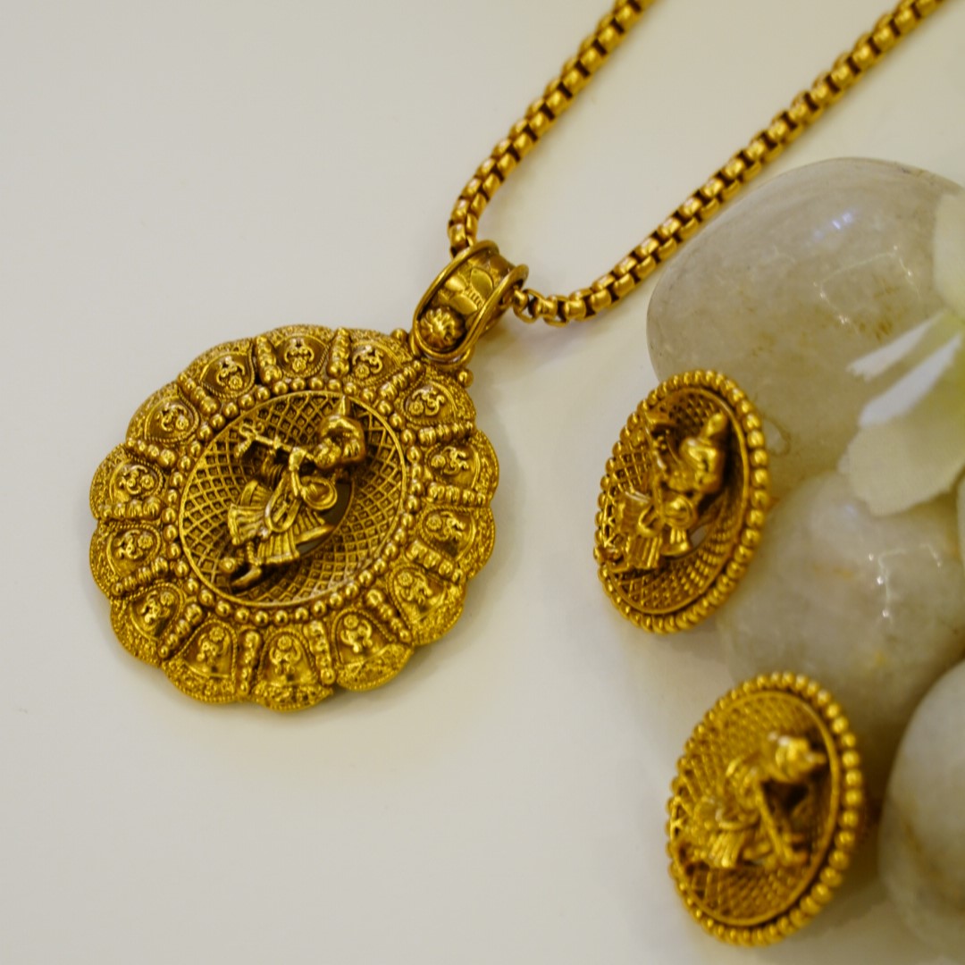 Krishna Oval Flowery Temple Pendant Set