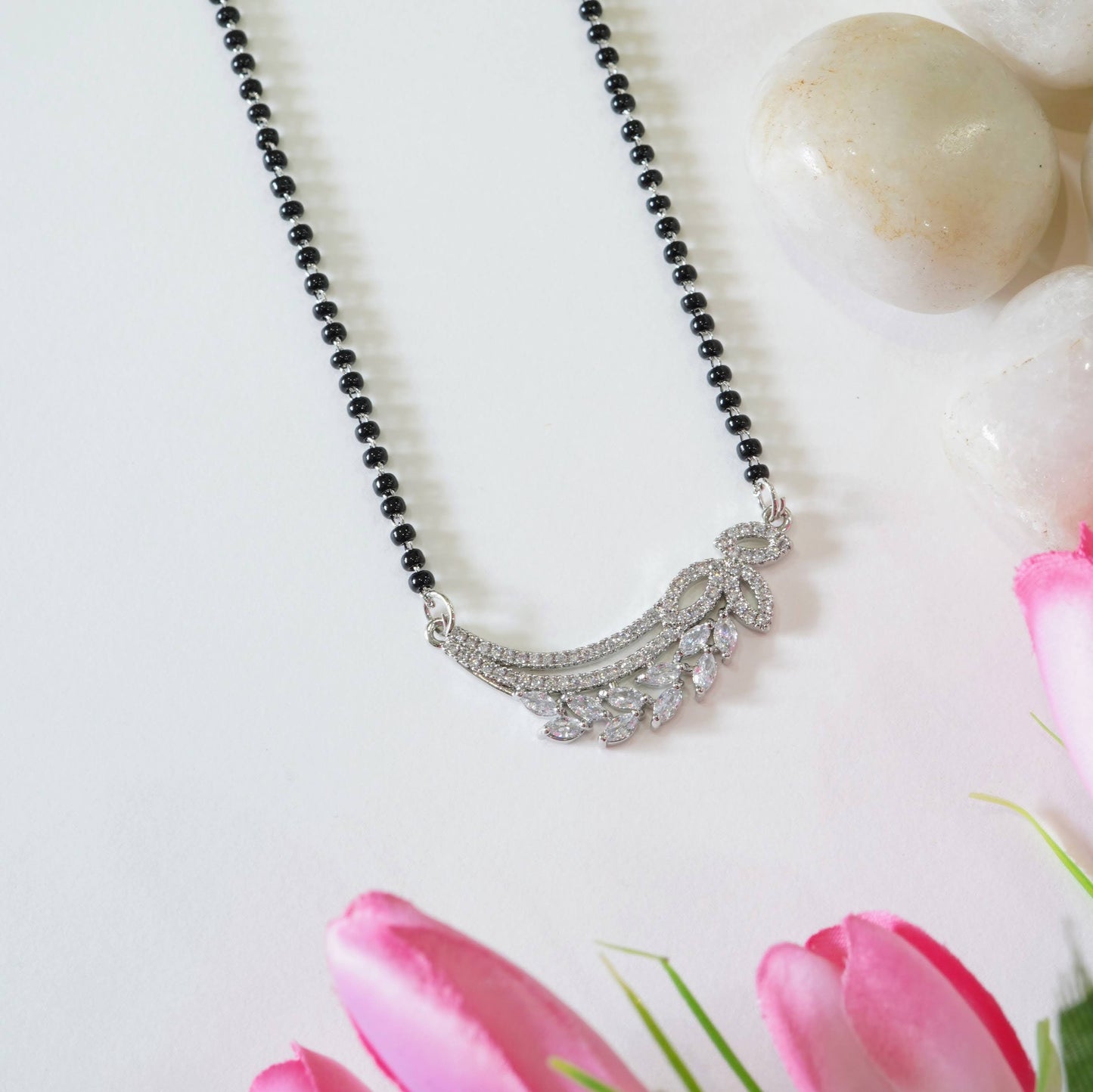 Rhodium-Plated Leafy American Diamond Mangalsutra