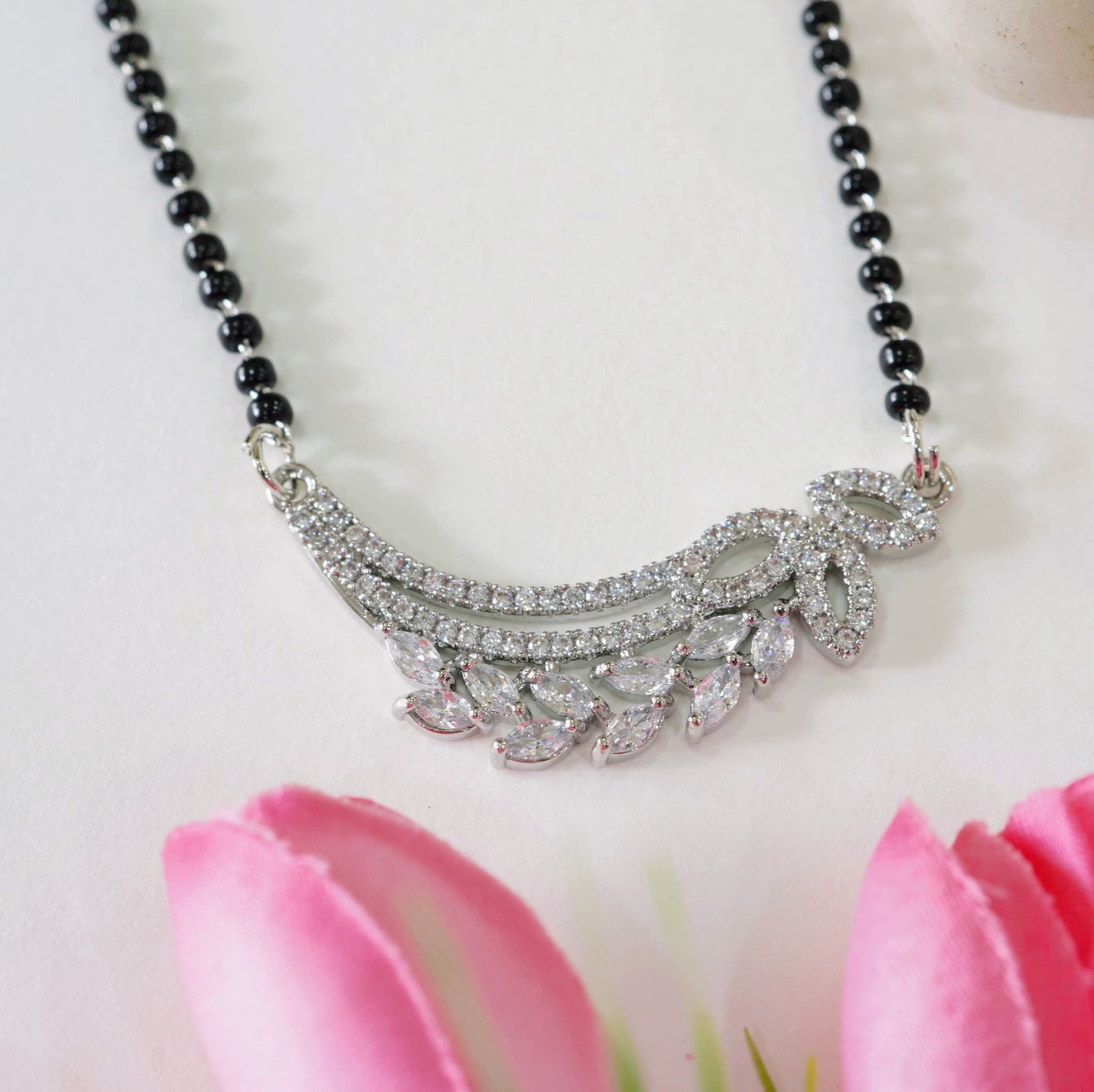 Rhodium-Plated Leafy American Diamond Mangalsutra
