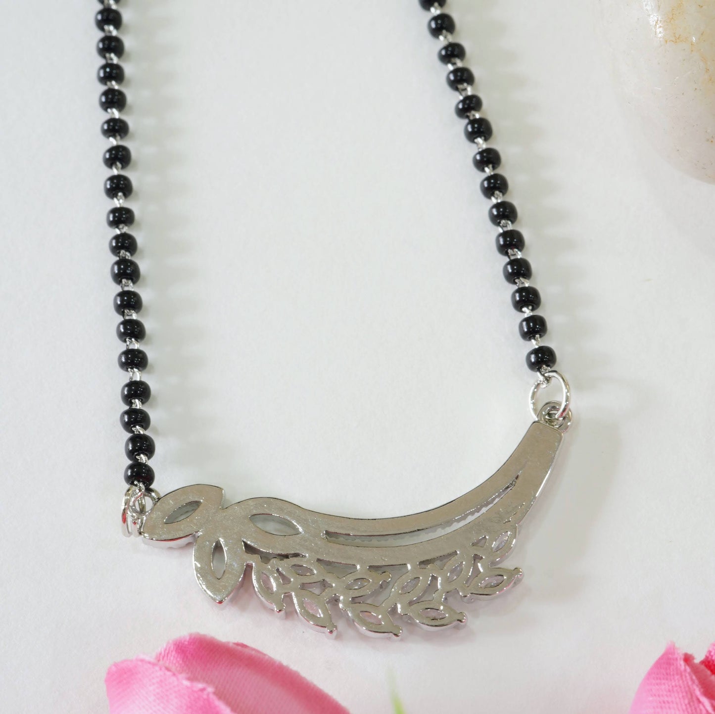 Rhodium-Plated Leafy American Diamond Mangalsutra
