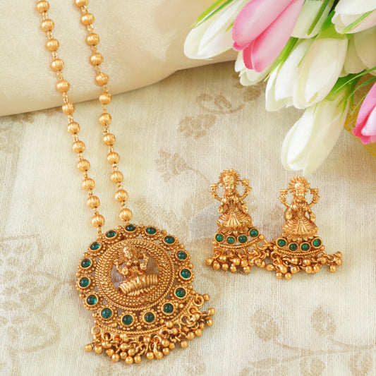 Matte Finish Gold Plated Temple Laxmi Pendant Set