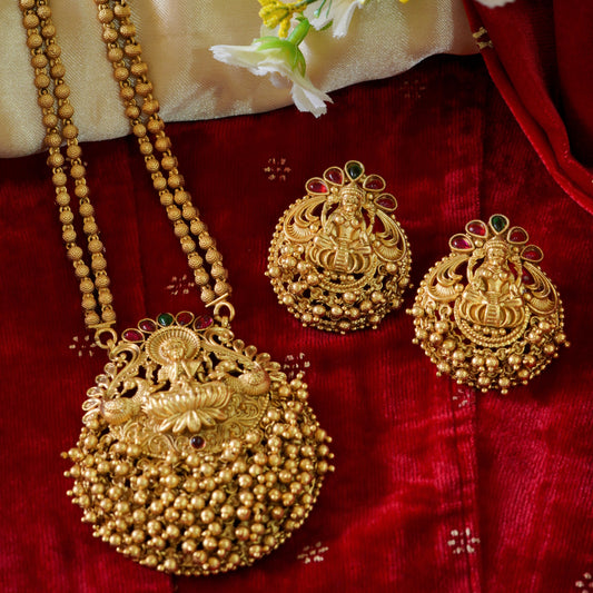 Heavy Laxmi Pendant Temple Necklace Set with Stud Earrings