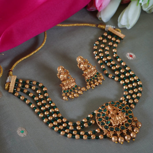 Green & Golden Beaded Laxmi Temple Choker Set