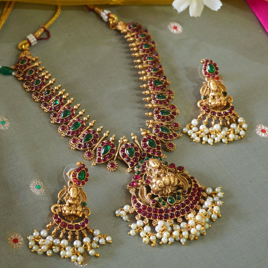 18KT Gold Plated Brass Temple Laxmi Necklace Set with Dangler Earrings