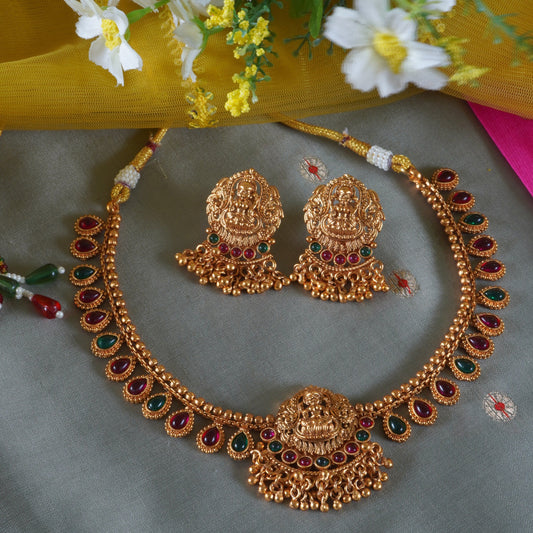 Ruby n Emerald Studded Regal Laxmi Matte Finish Gold Necklace Set