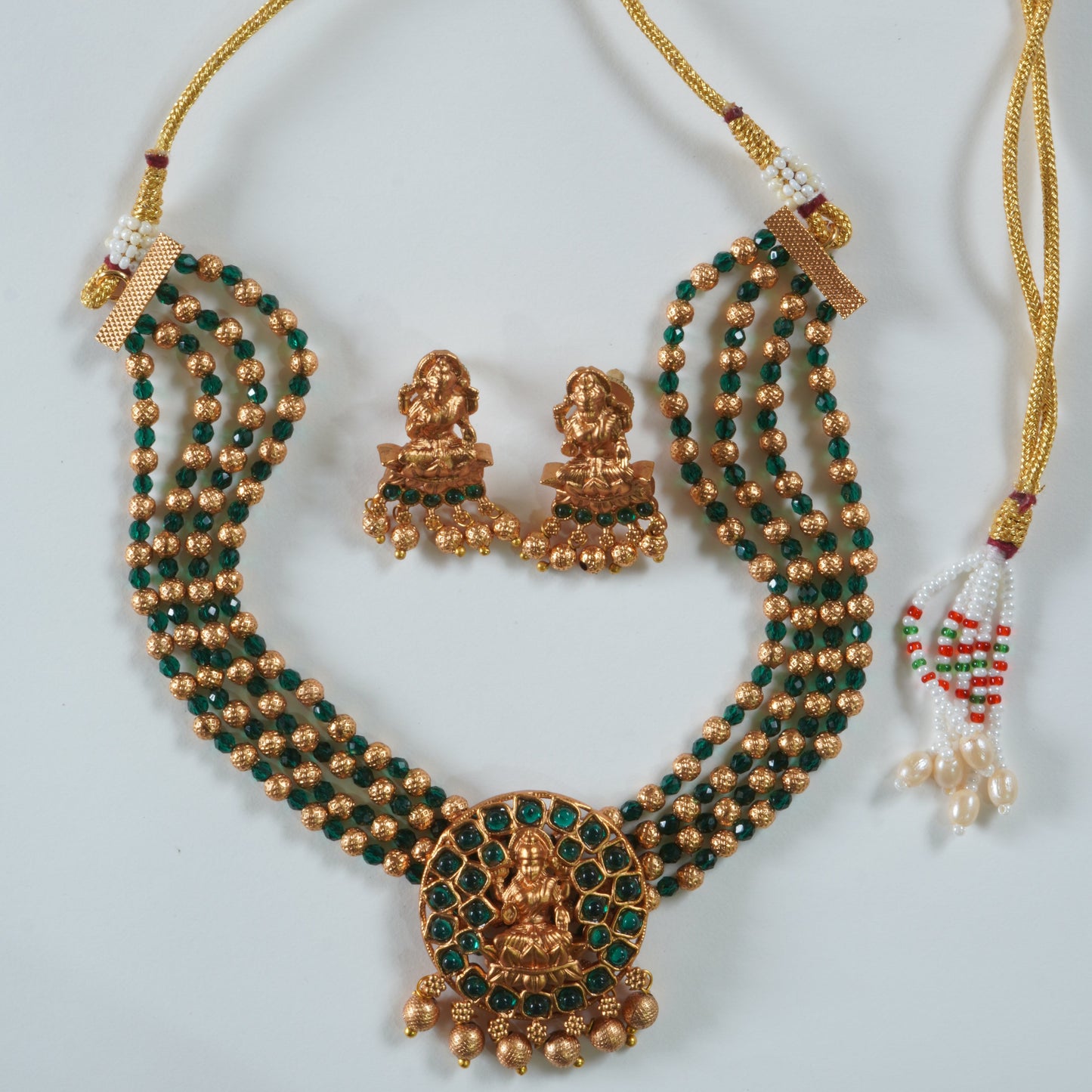 Green & Golden Beaded Laxmi Temple Choker Set