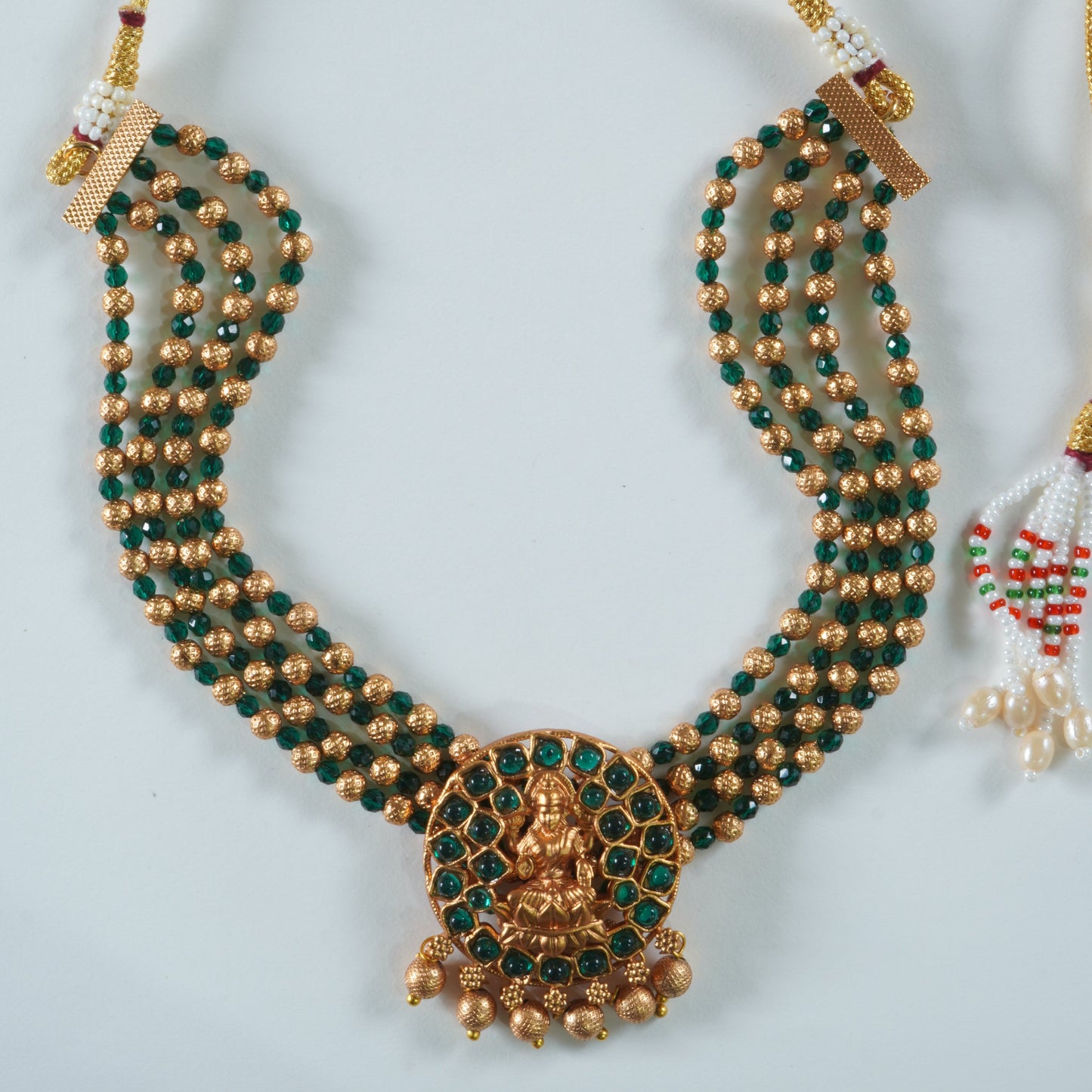 Green & Golden Beaded Laxmi Temple Choker Set