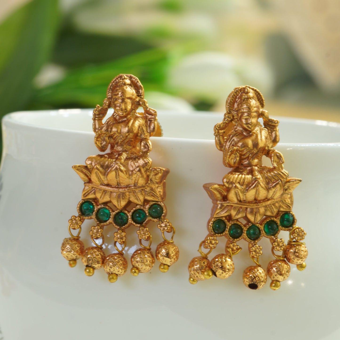Green & Golden Beaded Laxmi Temple Choker Set