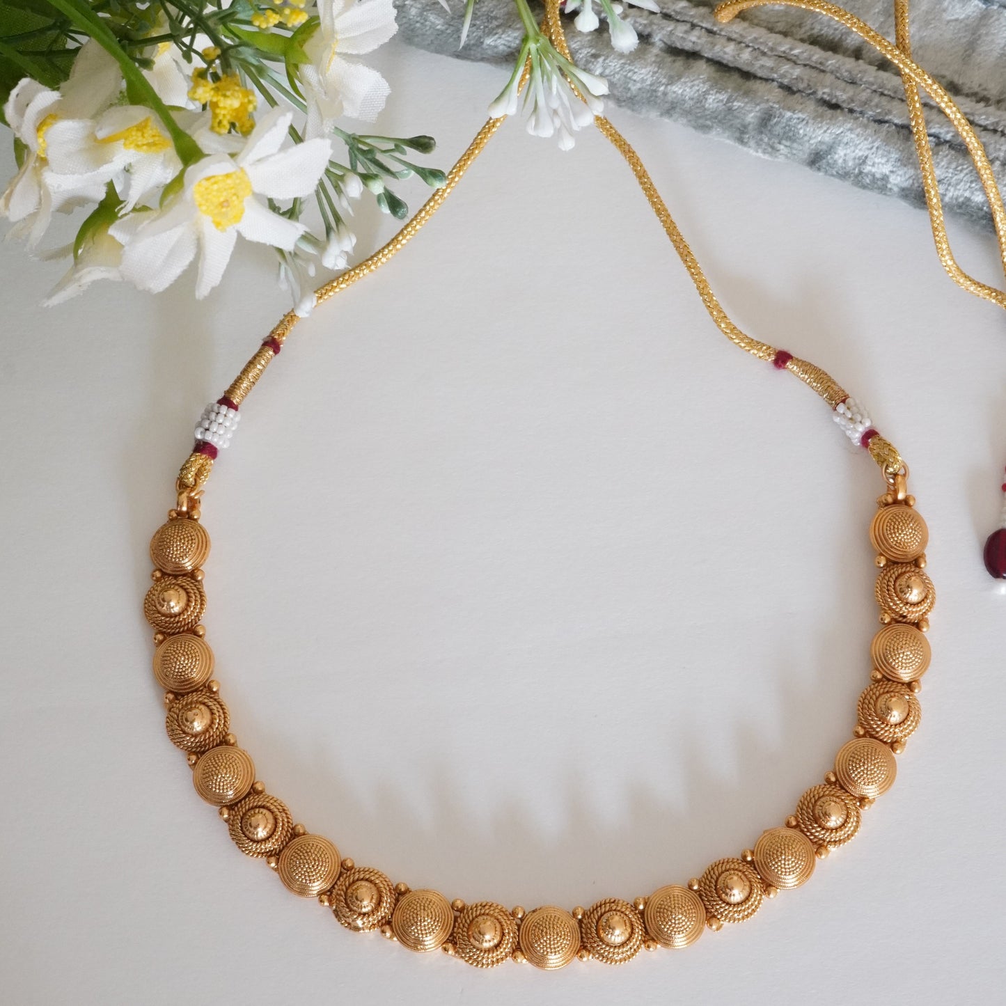 Minimal Single Layer Matte Finish Gold Plated Beaded Traditional Necklace Set