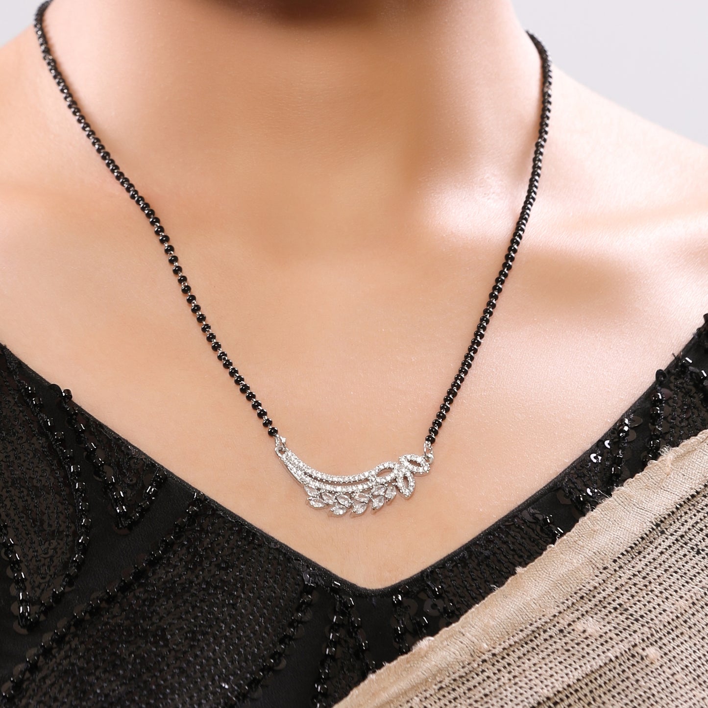 Rhodium-Plated Leafy American Diamond Mangalsutra