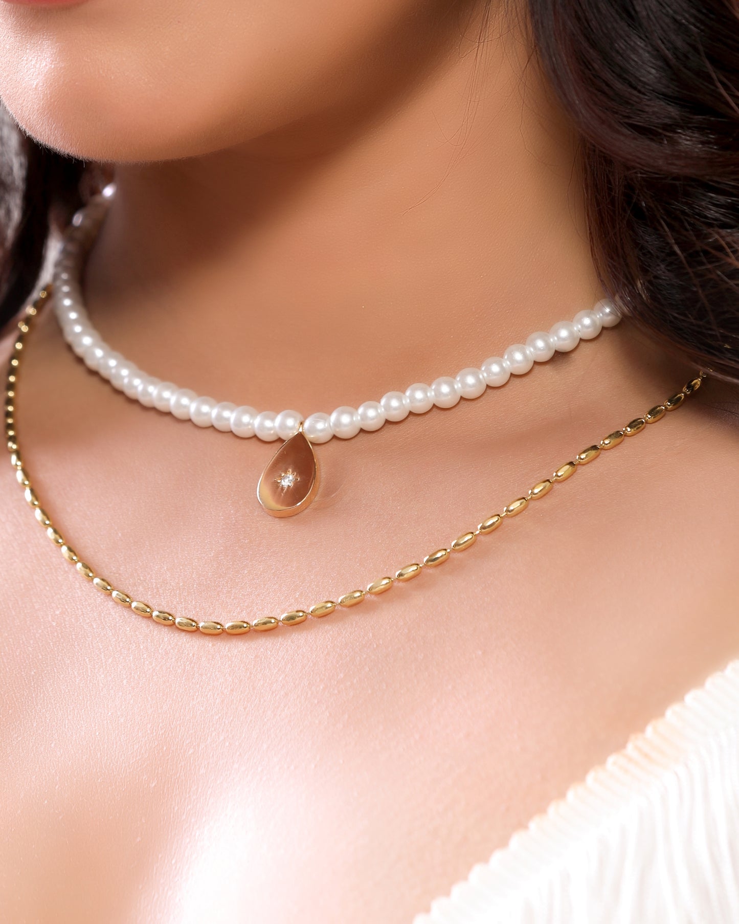 Multilayer Beaded Gold Chain Western Necklace with Bold Drop