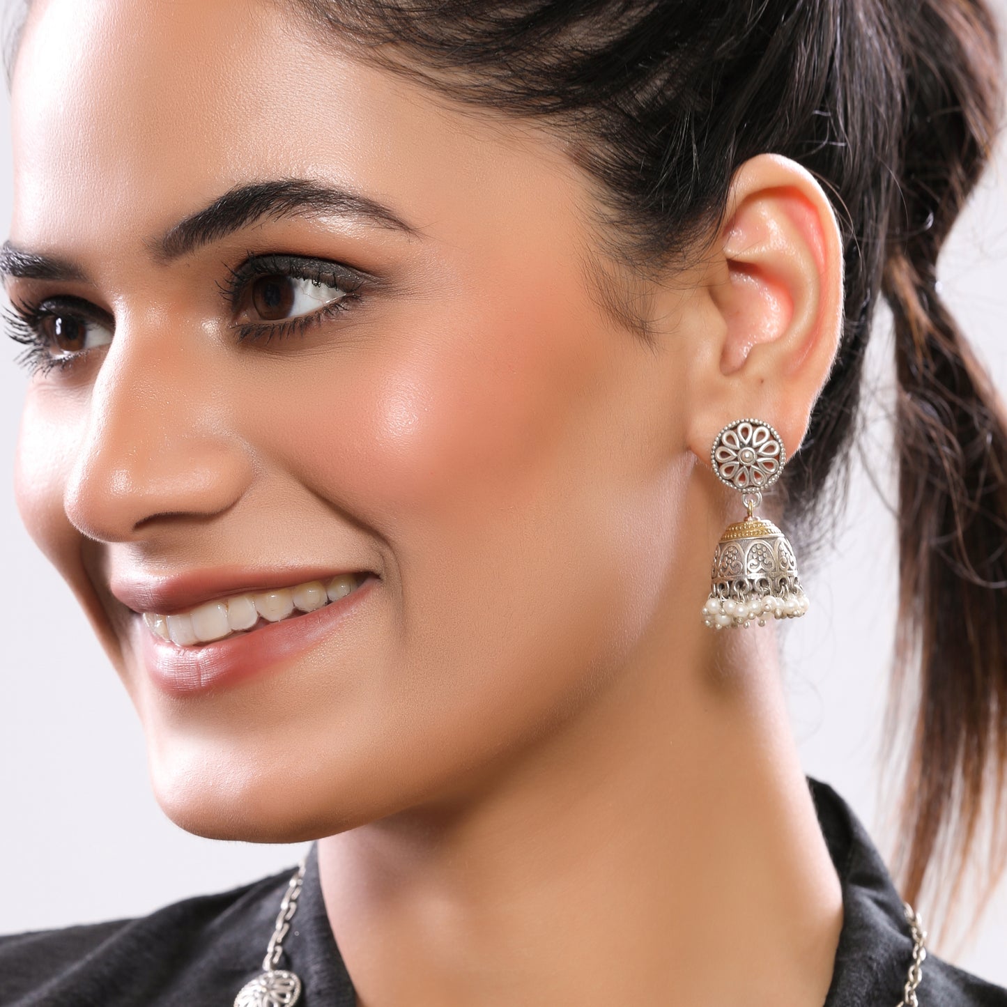 Dual-Tone German Silver Necklace Set with Blue Stone Pendant & Jhumka Earrings