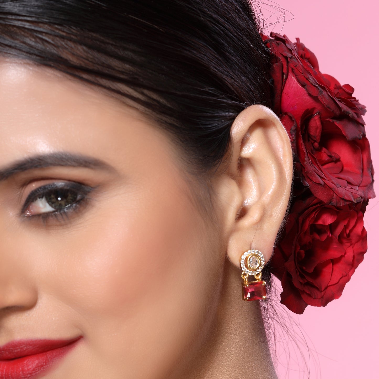 Indo-Western Brass Necklace Set with Bold Red Crystals n Zirconia
