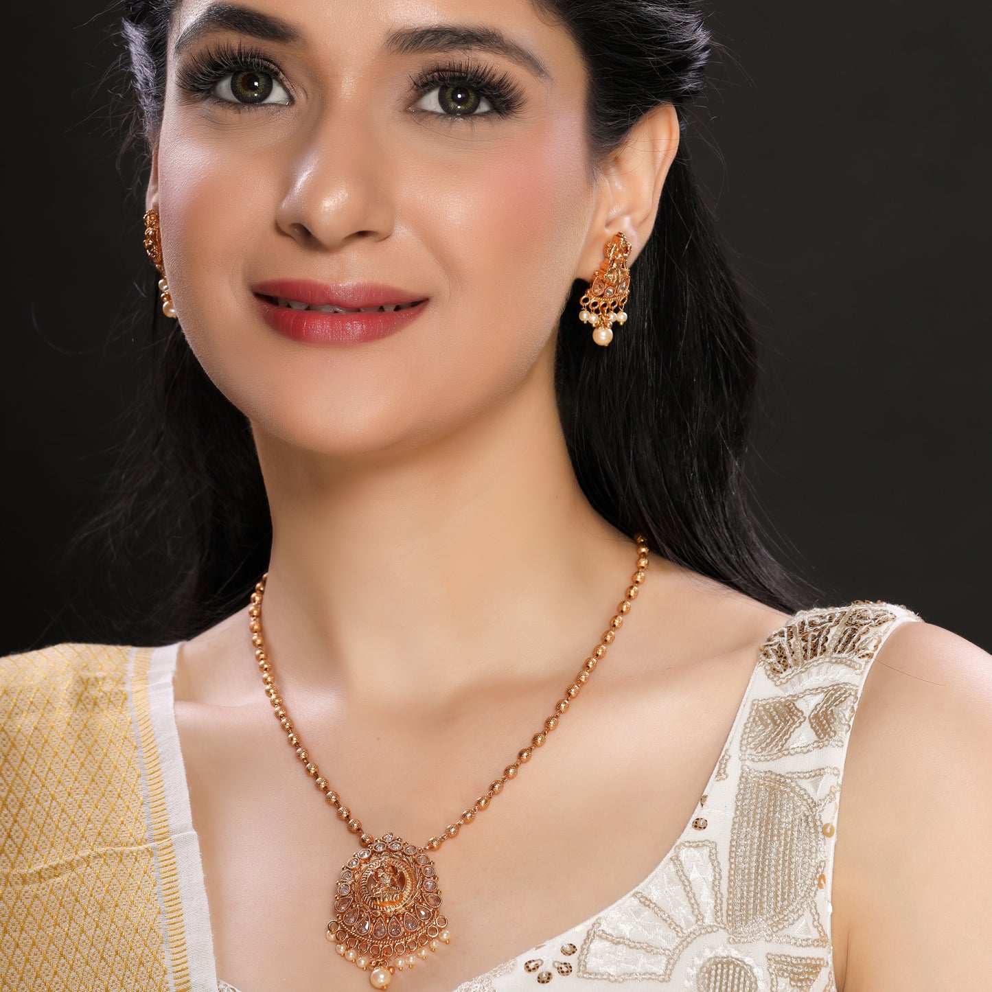 18KT Matte Gold Plated Brass Laxmi Pendant Set
