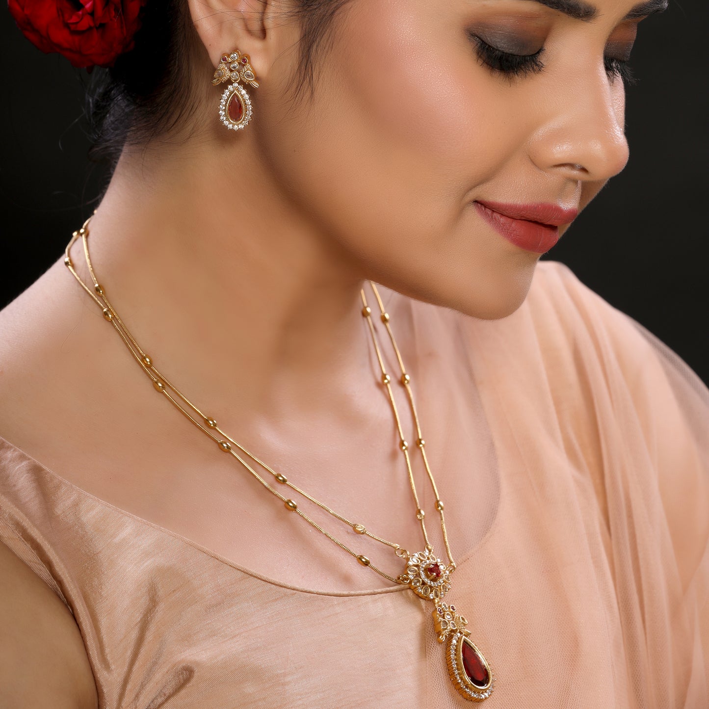 Zirconia Studded Red Crystal Double Chain Necklace Set