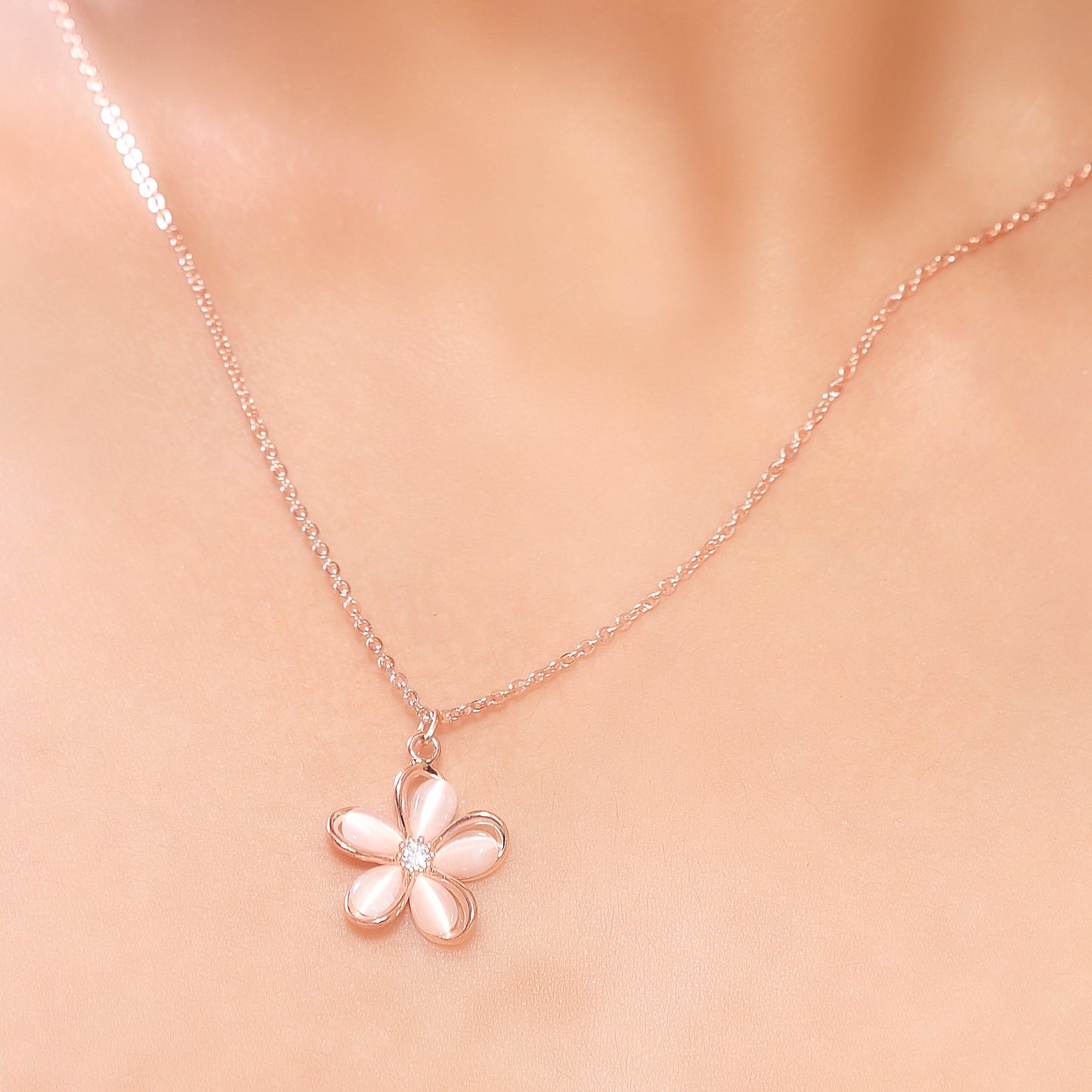 Mother of Pearl and Zirconia Floral RoseGold SS Necklace set with Stud Earrings