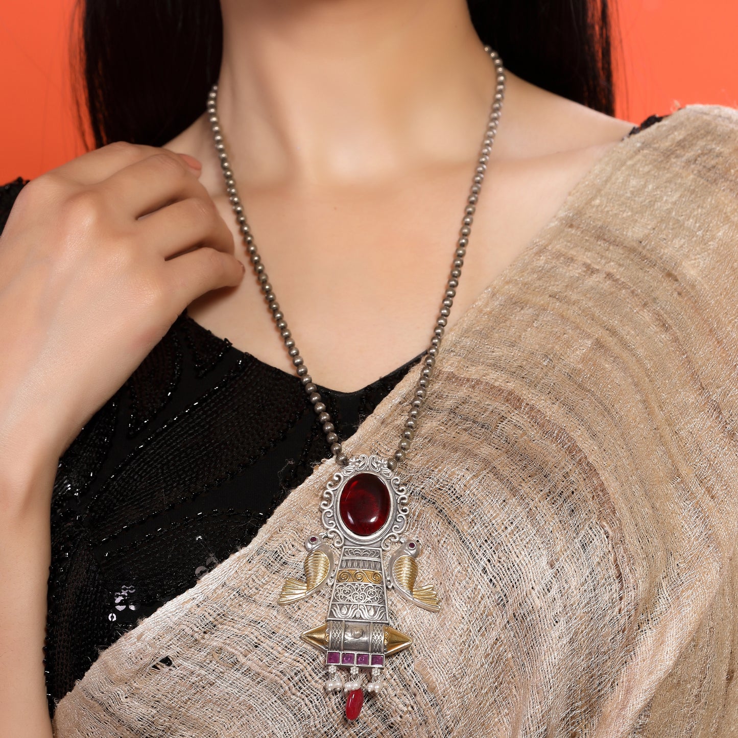 Bold Red Moissanite Bird Pendant Dual-Tone German Silver Necklace Set
