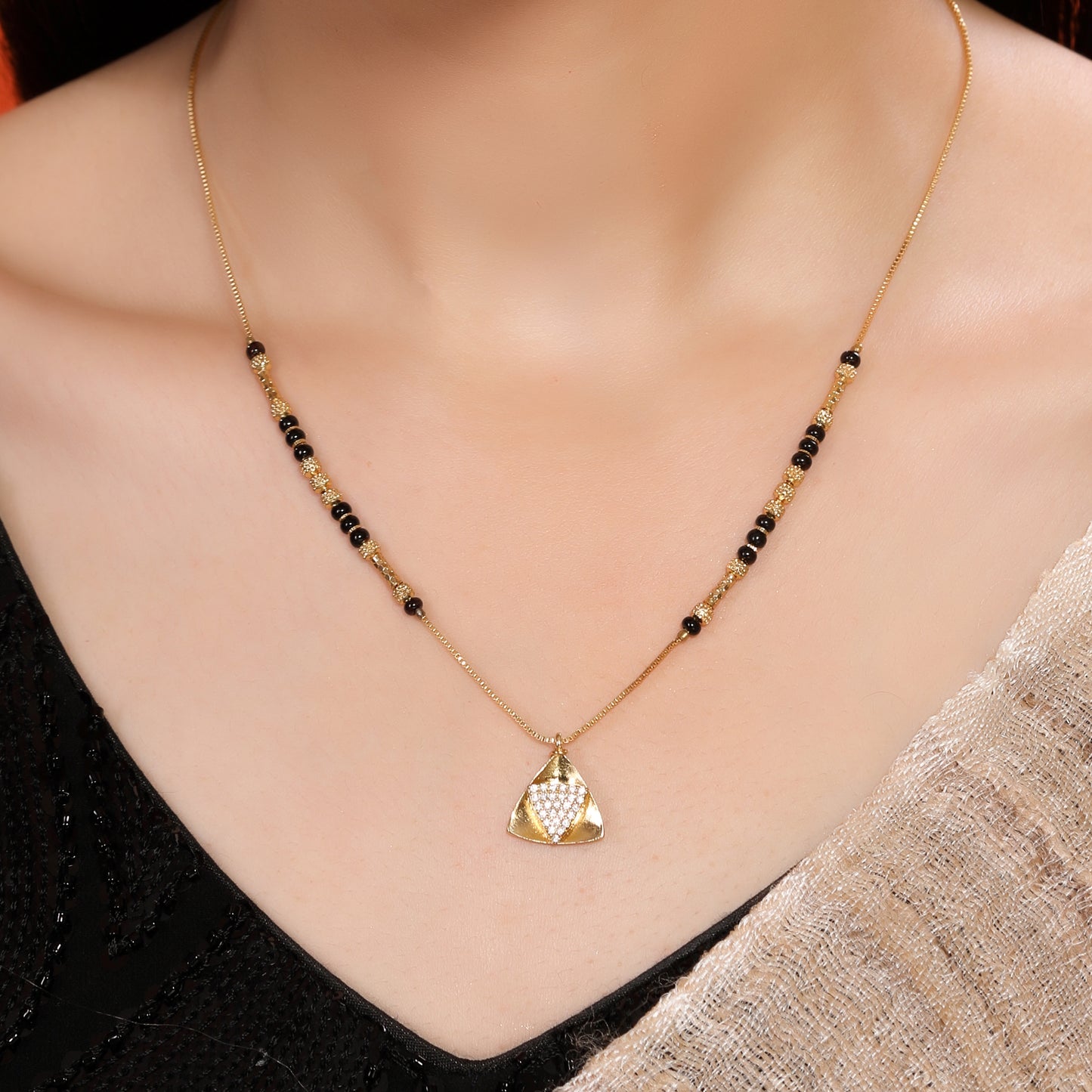 Gold-Plated Mini Triangular American Diamond Mangalsutra