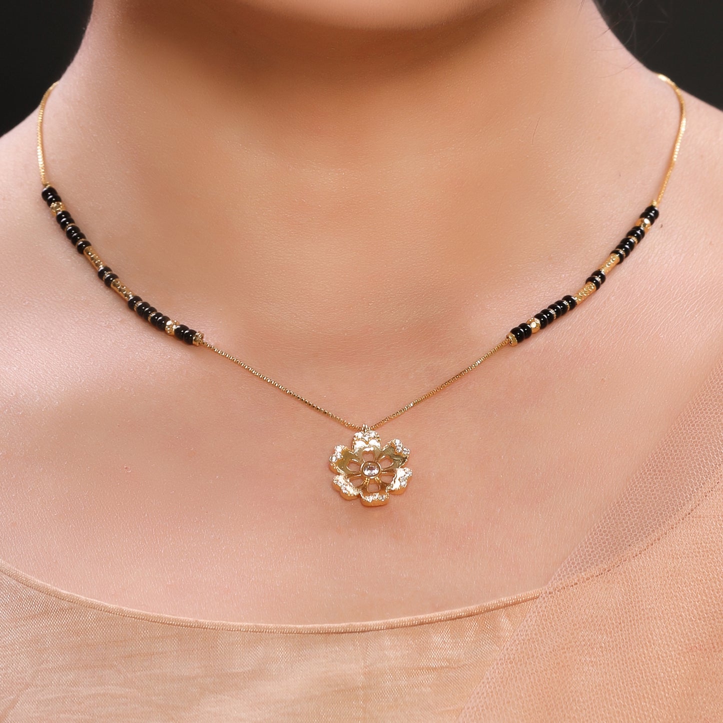 Floral American Diamond Single-Layer Mangalsutra