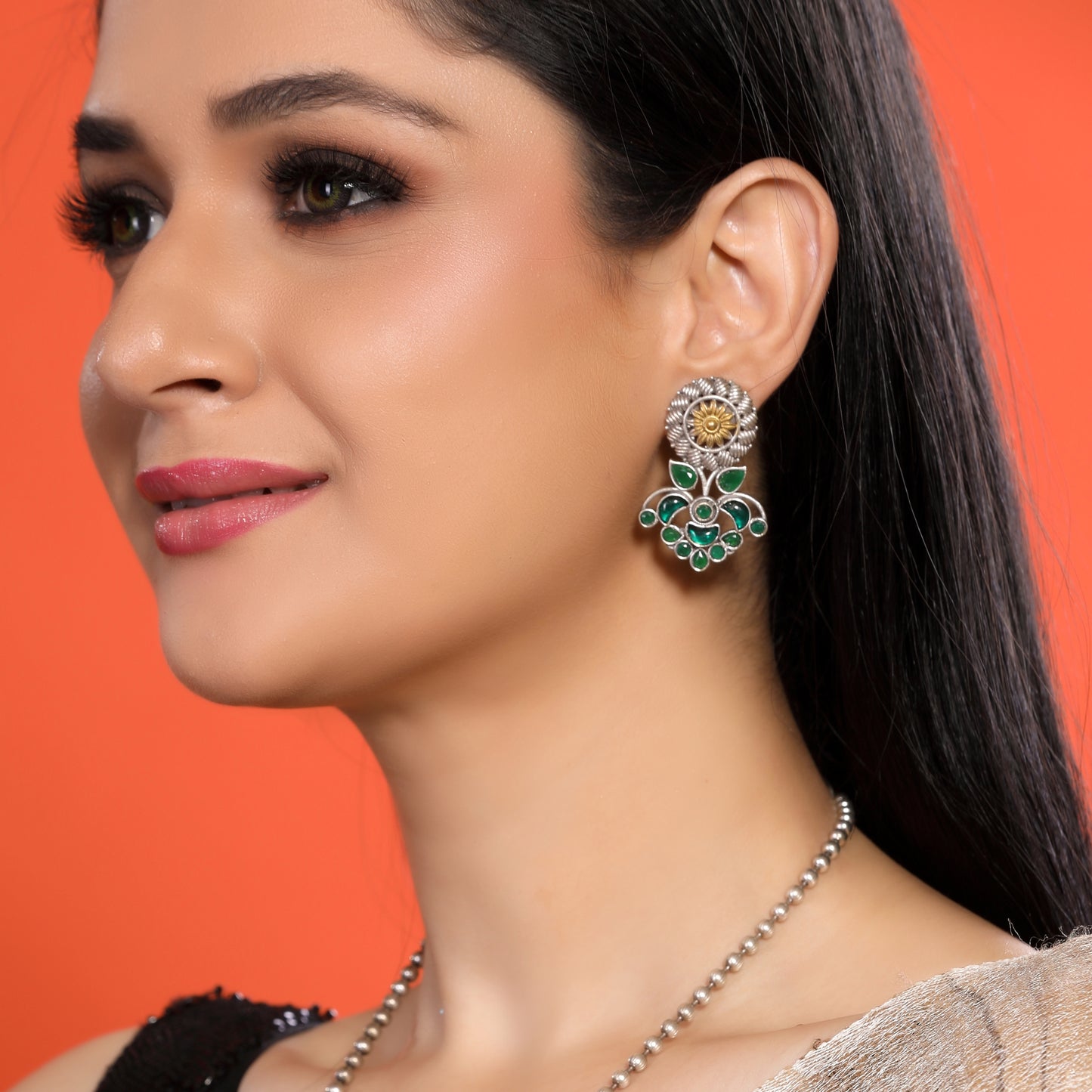 German Silver Necklace Set – Green Monalisa Pendant & Earrings