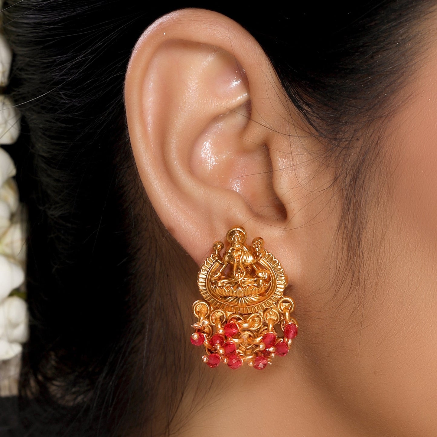 Classic Laxmi Temple Studs in Matte Gold with Red Motifs