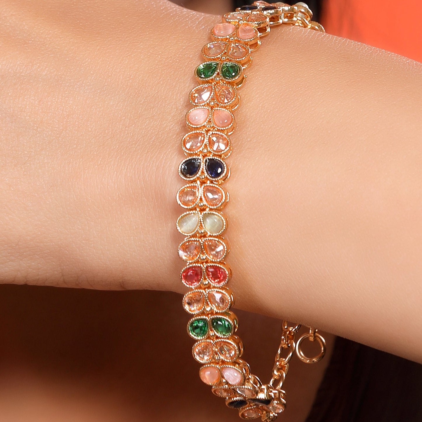 Stunning Multicoloured Studded Crystals in Traditional Gold Plated Linear Chain Bracelet