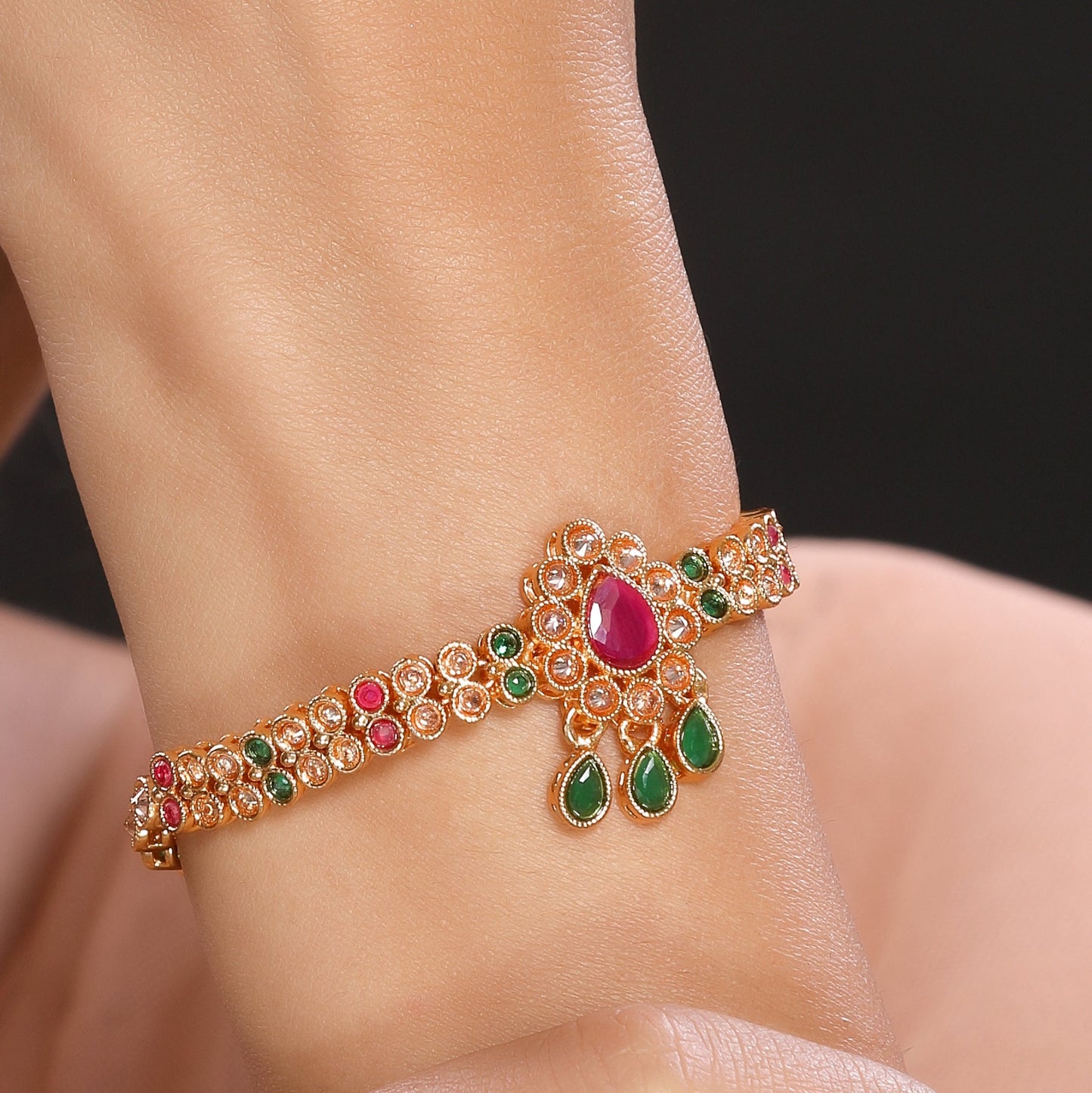 High Toned Multicolour Crystal Studded Broochy Linear Chain Traditional Bracelet in Gold Plated