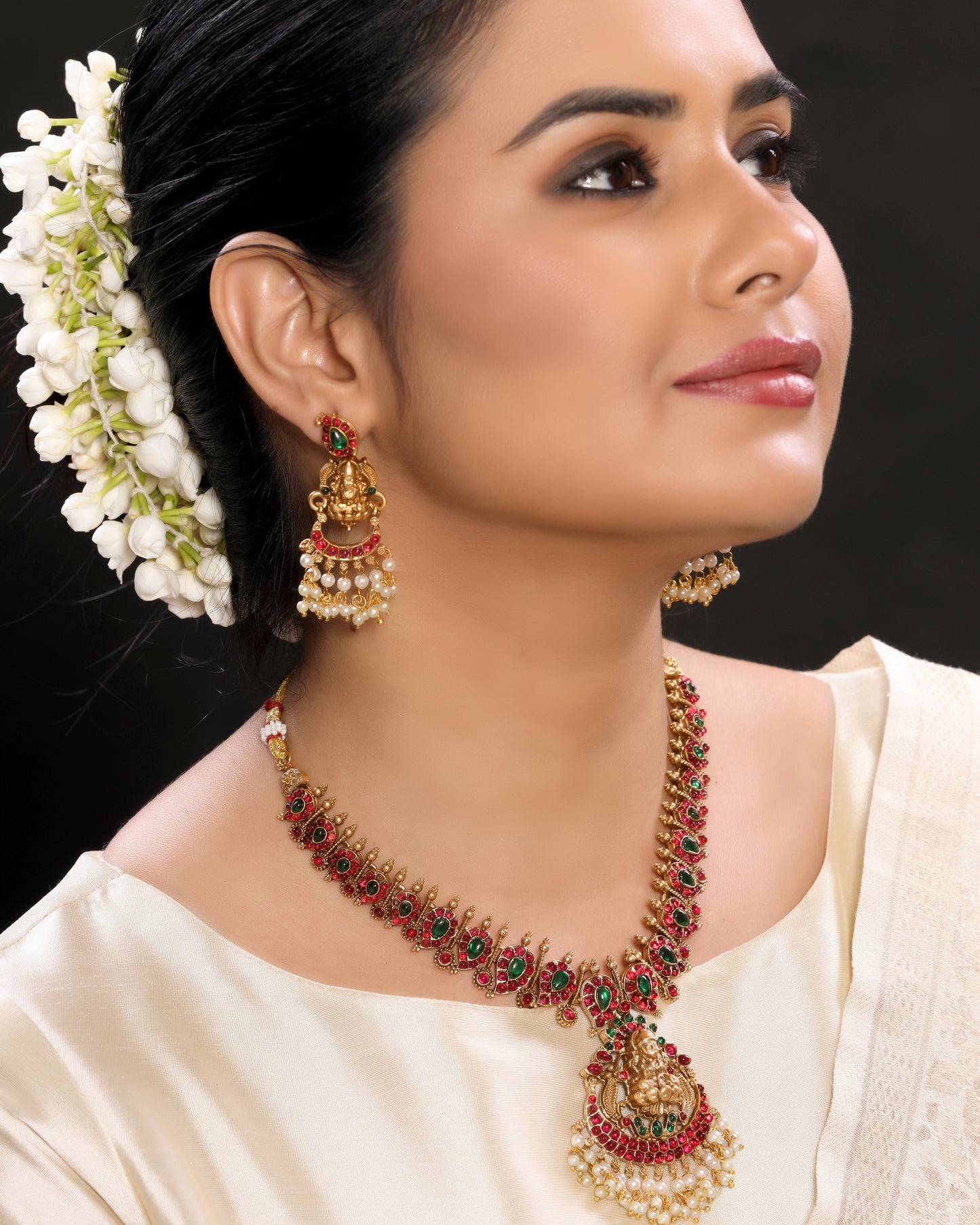 18KT Gold Plated Brass Temple Laxmi Necklace Set with Dangler Earrings